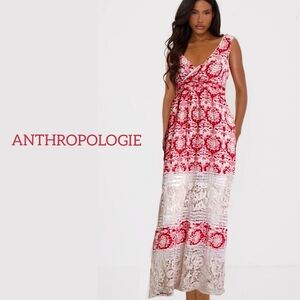 Anthro Sunday in Brooklyn Boho Maxi Dress Pink Ivory Crochet Size S